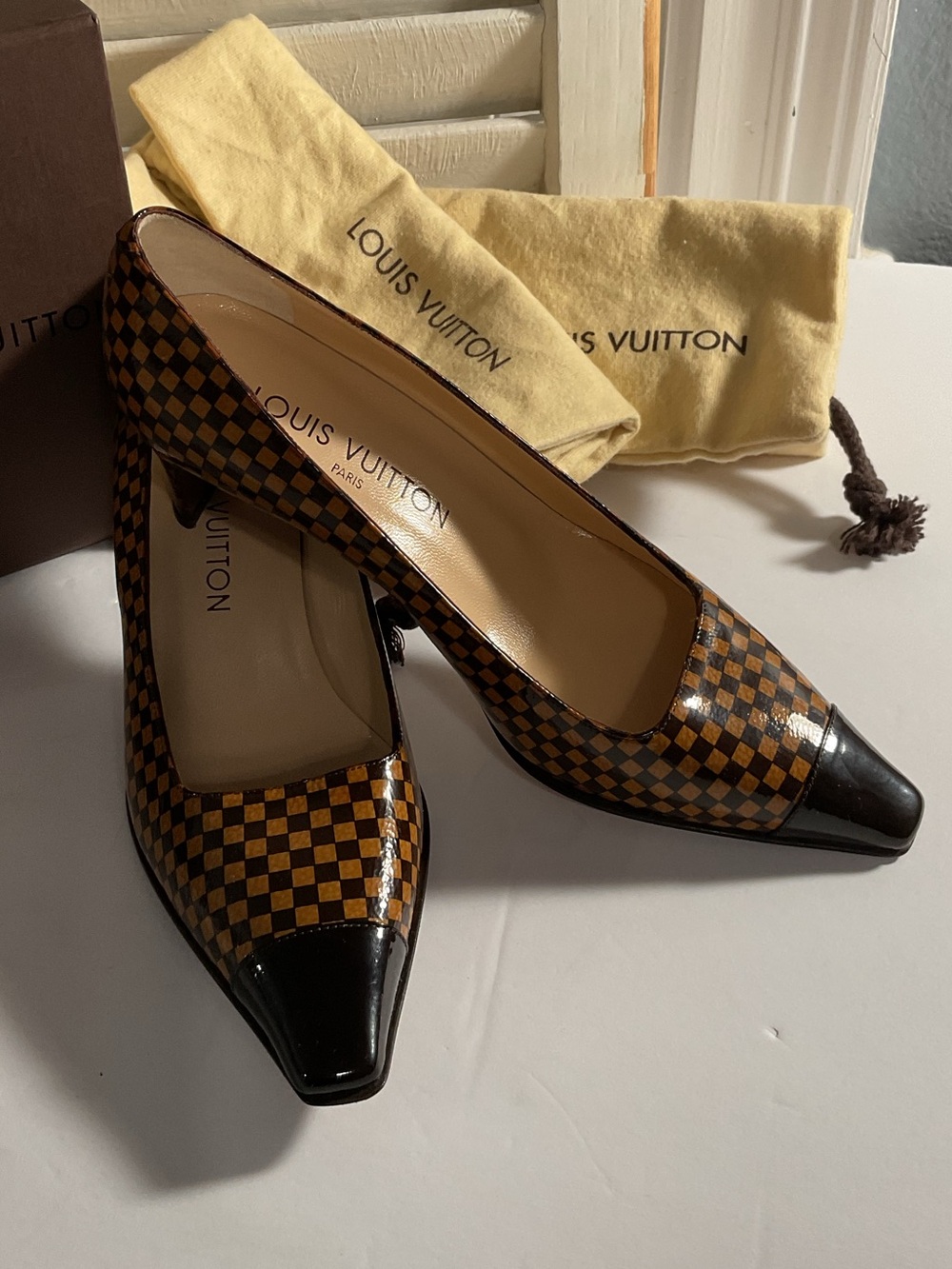 Louis Vuitton Brown Damier Patent Ebene  Pump with Black Cap Toe